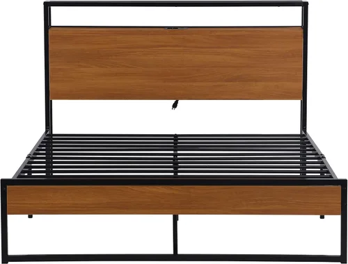 Vista 9 de VilroCaz Cama de plataforma de tamaño matrimonial con enchufes y puertos USB, marco de cama de plataforma de metal moderno con cajones, soporte