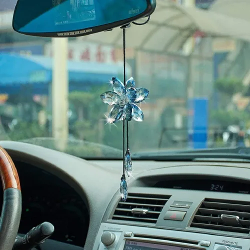 Vista 3 de Accesorio de pendiente decorativo, diseño de flor de cristal, para espejo retrovisor de vehículo, Azul
