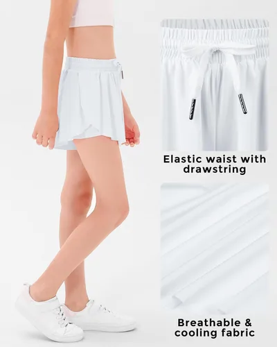Vista 5 de Stelle Pantalones cortos fluidos con bolsillos para niñas, falda atlética para correr, cintura alta, mariposa, 2 en 1, pantalones cortos deportivos