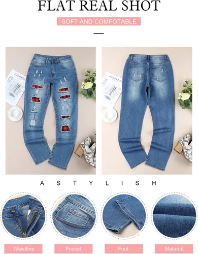 Vista 6 de Astylish - Jeans ajustados para mujer, desgastados, elásticos, con parches a cuadros, rasgados, con agujeros, estilo boyfriend