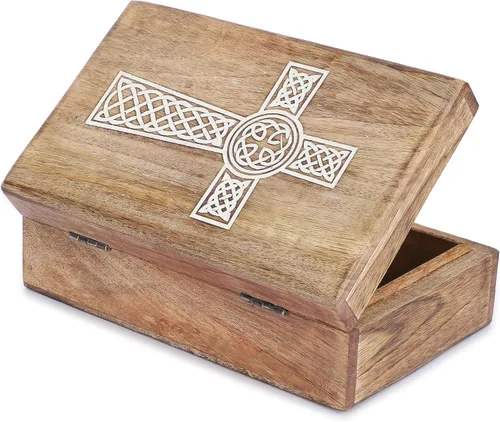 Vista 4 de Ajuny Caja de almacenamiento decorativa de madera tallada a mano para joyas, caja de arte, organizador de almacenamiento con diseño de cruz blanca