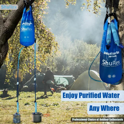 Vista 7 de Sistema de filtración de agua alimentada por gravedad con correa ajustable para árboles, bolsa de gravedad grande con popote de filtro, purificador