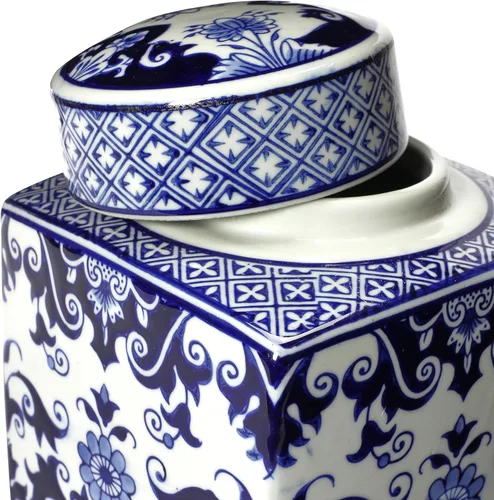 Vista 4 de Creative Co-Op - Tarro decorativo cuadrado de cerámica de jengibre con tapa para espacios pequeños, azul y blanco