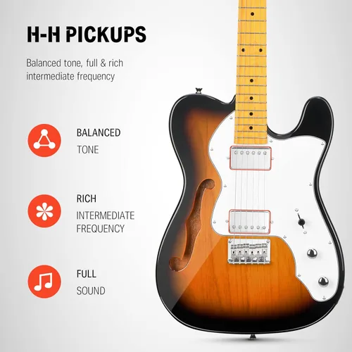 Vista 4 de Guitarra eléctrica Donner Jazz de 39 pulgadas TL Thinline F Hole para principiantes, tamaño grande, guitarra hueca con pastillas H-H, con bolso