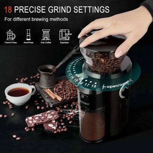 Vista 2 de Secura Molinillo de café de rebabas cónicas, molinillo de café eléctrico con 18 ajustes de molienda, molinillo de granos de café ajustable para 2-10