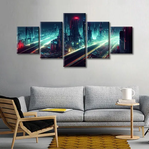 Vista 340 de Cuadros de 5 paneles de Cyberpunk City, arte de pared, representación de vallas publicitarias, edificios modernos en la capital con obras de arte