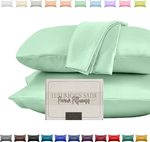 Vista 24 de Elegant Comfort Juego de 2 fundas de almohada de satén sedosas y lujosas para una piel y cabello más saludables, cierre con cremallera oculta
