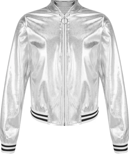 Vista 4 de TiaoBug Disfraz de baile de jazz hip hop para niños y niñas, brillante, metálico, manga larga, chaqueta bomber y pantalones deportivos