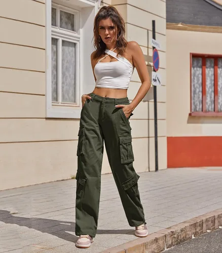 Vista 3 de ZMPSIISA Pantalones de mujer de cintura alta, pantalones cargo militares de pierna ancha, pantalones casuales de 8 bolsillos