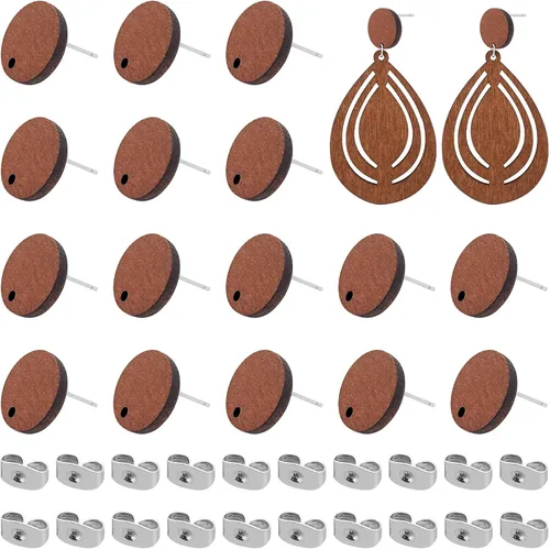 Vista 11 de Postes de madera para la fabricación de joyas, 80 piezas de aretes de madera, aretes de madera, aretes de madera, aretes a granel con parte trasera