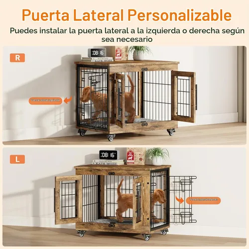 Vista 5 de Muebles de jaula para perros pequeños, perrera resistente de 27.1 pulgadas con cojín y ruedas Rustic Brown, Double Doors, Wooden Dog Cage