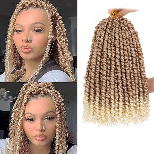 Vista 33 de Leeven Cabello rubio degradado de 14 pulgadas, pretrenzado y trenzado de pasión, 8 paquetes de extensiones de cabello sintético bohemio para mujeres