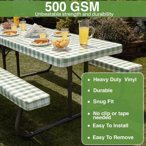 Vista 2 de Funda de mesa de picnic con fundas de banco, 17.64 oz/m², reutilizable, de vinilo resistente, mantel de picnic impermeable con funda de transporte