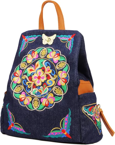 Vista 3 de Denim bordado floral lona mochilas para mujeres antirrobo retro jeans viaje estilo étnico bolso de hombro, MochilaBolso, Unitalla, Jean Azul Marino