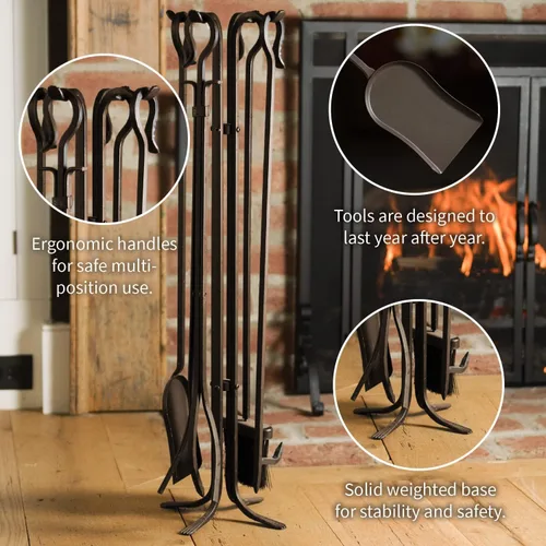 Vista 2 de Plow & Hearth Juego de 5 herramientas compactas de hierro forjado a mano para chimenea de 32.5 pulgadas Mango de hierro forjado negro
