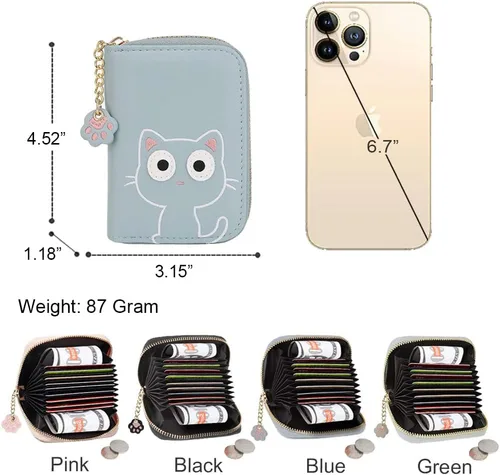 Vista 3 de Sunwel Fashion Lindo portatarjetas con diseño de gato pequeño - Estuche para tarjetas con cremallera de acordeón, bolsillos para efectivo, monedero