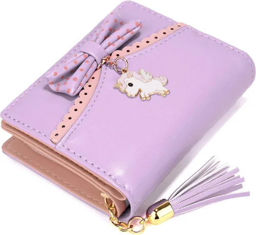Vista 6 de UTO - Billetera para niñas de cuero vegano, lindo gato colgante, organizador de tarjetas, monedero para mujeres, Unicorn Ace Light Purple, S