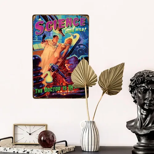 Vista 7 de Letrero de metal vintage con texto en inglés "Science Gone Wild Pin Up Girl", cartel retro de hojalata sexy para hombre, cueva, bar, garaje, pubs