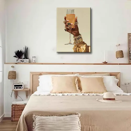 Vista 5 de Lienzo de cóctel de mujer negra, arte de pared, diseño de Martini, pintura a mano, cuadros afroamericanos, cáliz de bar, carros, impresiones