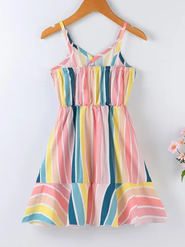 Vista 2 de WDIRARA Vestido de tirantes de cintura alta con dobladillo con volantes y rayas para niñas pequeñas