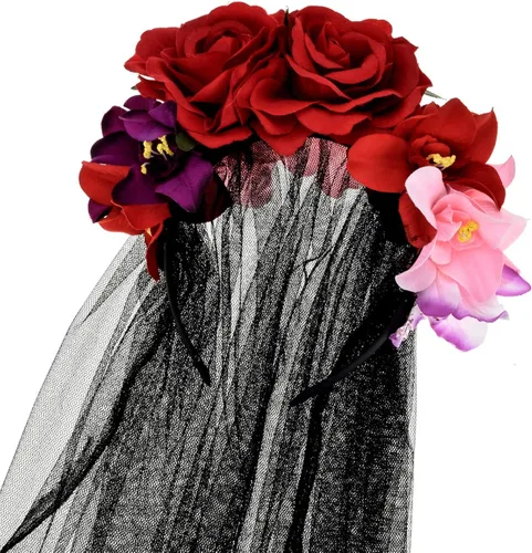Vista 2 de Merroyal Dia de los Muertos - Disfraz de flor de rosa para mujer velo de Halloween del Día de los Muertos