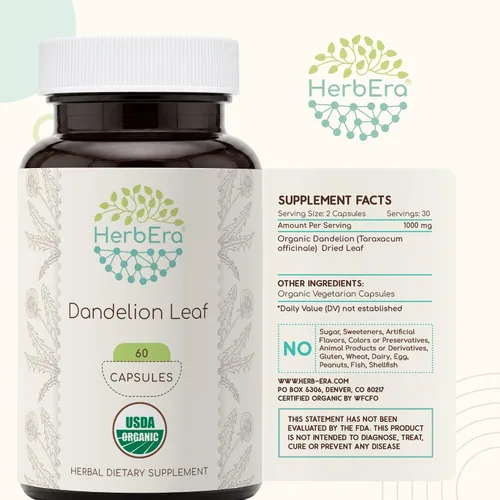 Vista 5 de HerbEra Hoja de diente de león 60 cápsulas, 500 mg, USDA Organic Diente de león (Taraxacum Officinale) Hoja seca (60 cápsulas)