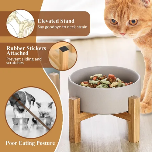 Vista 3 de Cuenco elevado de cerámica para gatos - Cuenco de comida para gatos con soporte de bambú - Plato elevado de comida para perros para cachorros - Verde