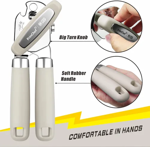 Vista 4 de PrinChef Abrelatas manual, abridor de botellas de lata con imán, sin problemas, elevación de la tapa, abrelatas de mano borde liso con hoja afilada
