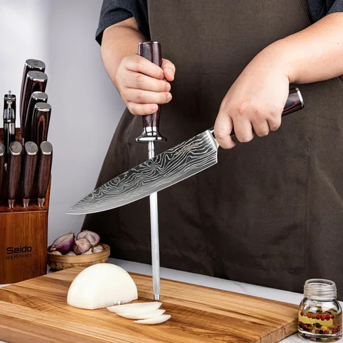 Vista 4 de Juego de cuchillos Master Chef de 17 piezas con bloque de acero de Damasco y madera de acacia Cuchillos de cocina de acero de Damasco con bloque