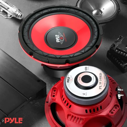 Vista 5 de Pyle Subwoofer de audio para automóvil de 10 pulgadas, potencia máxima de 600 W, woofer de bobina de voz única de 4 ohmios, cono galvanizado rojo