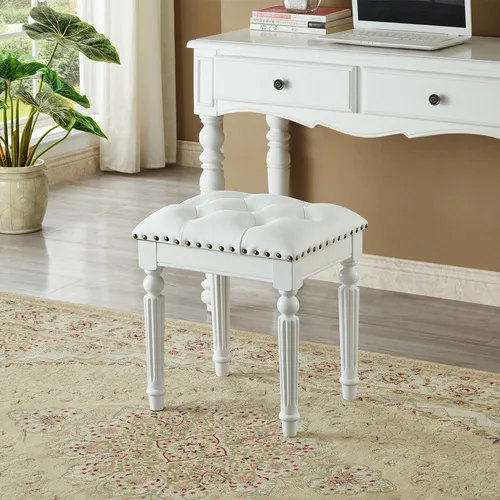 Vista 9 de Taburete de tocador con cojín de cuero de microfibra, silla de tocador otomana con patas de madera maciza para dormitorio, sala de maquillaje