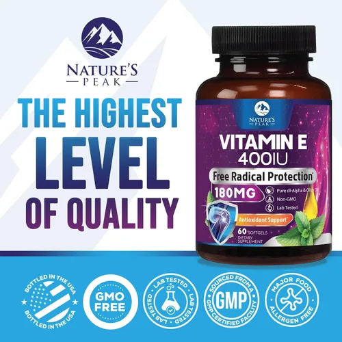 Vista 4 de Vitamina E 180 mg por porción cápsulas blandas – Vitamina E DL-Alfa, suplemento dietético rico en antioxidantes para la piel, el corazón y el apoyo