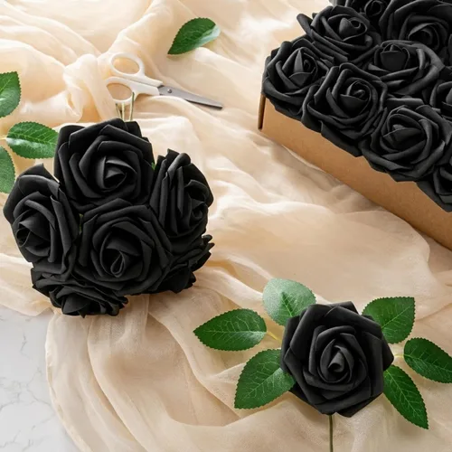 Vista 2 de Aegero Flores artificiales, 25 rosas falsas de espuma con tallos para ramos de boda, centros de mesa de despedida de soltera, arreglos, mesas