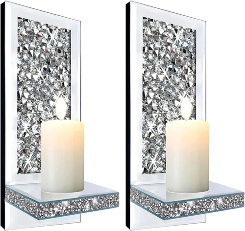 Vista 14 de ZOLAPI Juego de 2 candelabros de cristal con diamantes triturados, espléndido candelabro de pared con espejo plateado redondo, candelabros de vela