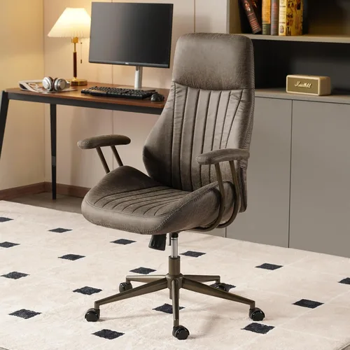 Vista 11 de Silla de oficina ergonómica para grandes y altos, silla ejecutiva moderna de mediados de siglo con soporte lumbar, respaldo alto, cojín grueso, piel