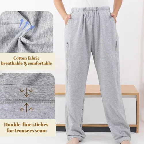 Vista 6 de Pantalones de catéter para hombres y mujeres, pantalones con soporte para bolsas de orina y piernas con bolsillos dobles con cremallera para dos