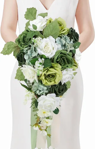 Vista 26 de Serwalin Ramos de boda de 9.8 pulgadas para novia y dama de honor, peonías rosa empolvado, ramos de flores de novia para boda, ramo de lanzamiento