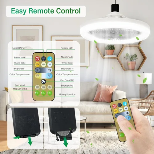 Vista 5 de Ventiladores de techo con luces y control remoto, luz de ventilador de techo de perfil bajo sin aspas, base E26 inalámbrica, para dormitorio, sala