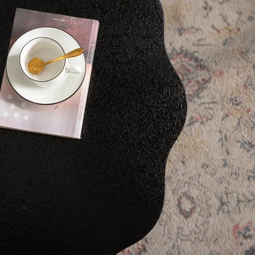 Vista 7 de Mesa de centro redonda de 31.5 pulgadas, moderna mesa de té de madera con forma de borde ondulado, mesa de centro circular de madera de tambor