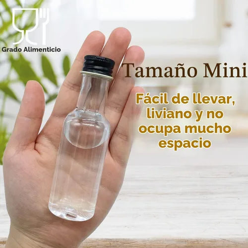 Vista 5 de Mini botellas de licor, paquete de 30 botellas herméticas de plástico con tapa negra, 1.7 onzas vacías de alcohol con 10 embudos, miniatura