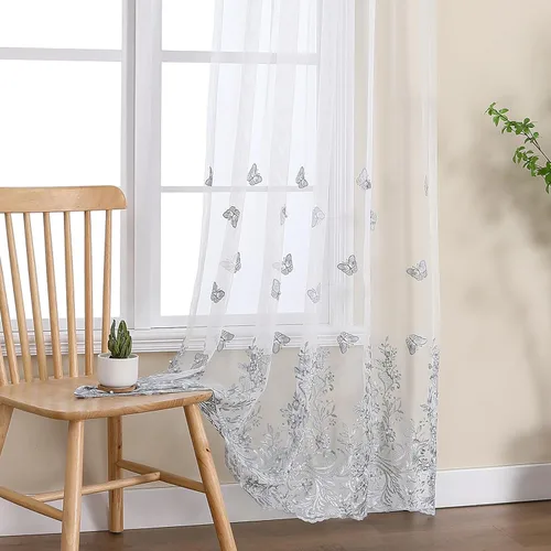 Vista 47 de VISIONTEX 2 paneles de cortinas traslúcidas de 63 in de largo, cortinas de gasa semitransparentes bordadas con hojas florales beige, bolsillo