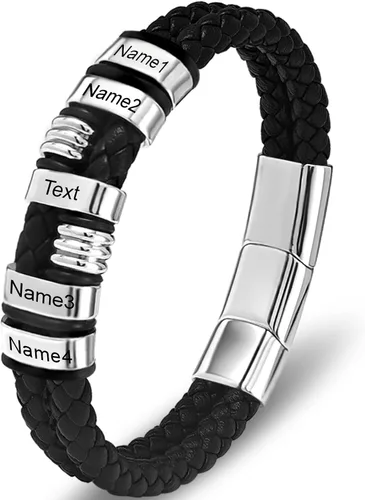 Vista 24 de Pulsera personalizada para hombre con cuentas de nombre personalizadas, pulsera de cuero trenzado personalizada grabada con 2-6 nombres