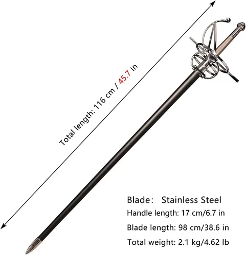 Vista 9 de 45.7" Renaissance Spanish Italian Style Rapier Fencing Sword with Spiral Swept-Hilt for Cosplay, Collection, Display