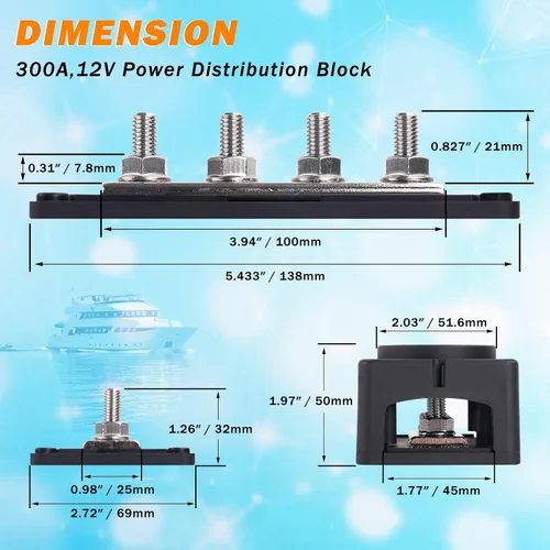 Vista 2 de Barra de bus de módulo resistente de 300 A, bloque de distribución de energía de 12 V, 24 V, 48 V CC con 4 pernos de 5/16 pulgadas (M8), regalo 12