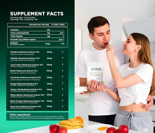 Vista 7 de Focus Fusion Gomitas de hongos 10 Plex Gomitas orgánicas de hongos corporales frutales con melena de león, reishi, cordyceps y chaga Veganas, a