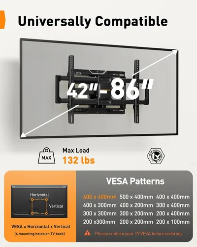Vista 2 de Perlegear Soporte de pared para TV de movimiento completo para televisores de 42 a 86 pulgadas de hasta 132 libras 30% thicker heavy-duty