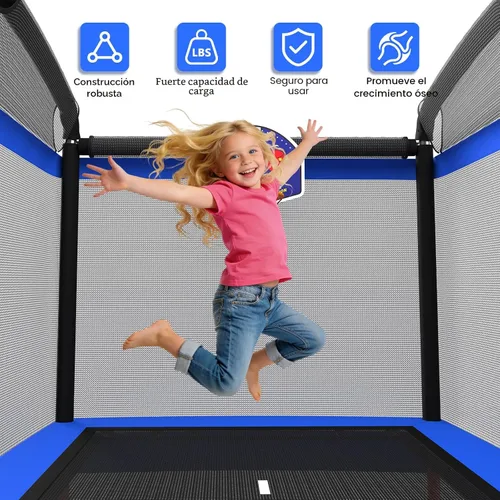 Vista 4 de LANGXUN Trampolín rectangular de 6 pies para niños, trampolín 5 en 1, aprobado por ASTM para interiores y exteriores, mini trampolín con red de Azul