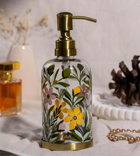 Vista 3 de Dispensador de jabón y loción de vidrio floral pintado a mano con bomba para baño y fregadero de cocina, vintage, hecho a mano en la India 4x8.25