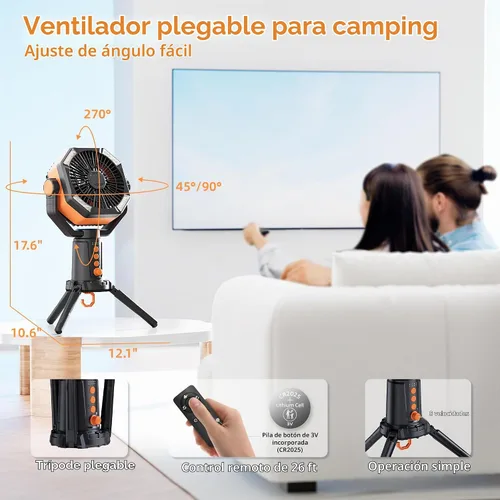 Vista 4 de MORIKO Trípode de ventiladores de mesa, 20000 mAh, recargable, funciona con pilas, ventilador portátil para tienda de campaña con linterna LED