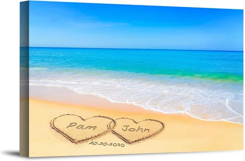 Vista 17 de Corazón y corazón en hermoso amanecer fotos personalizadas únicas o impresiones en lienzo con nombres de pareja y fecha especial en la playa, regalo